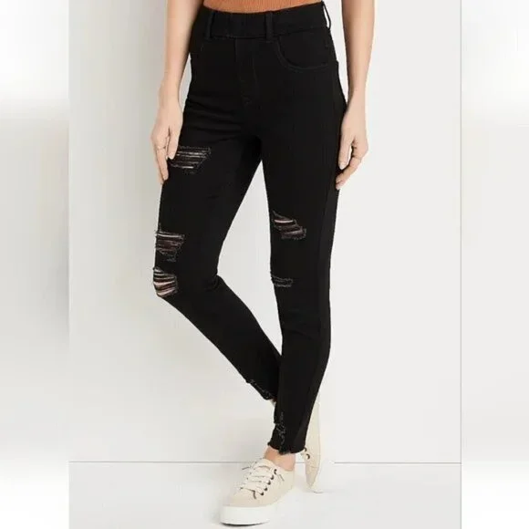 Maurices Black Cool Comfort Pull On Super High Rise Ripped Jeggings Small X-Long - Picture 1 of 10